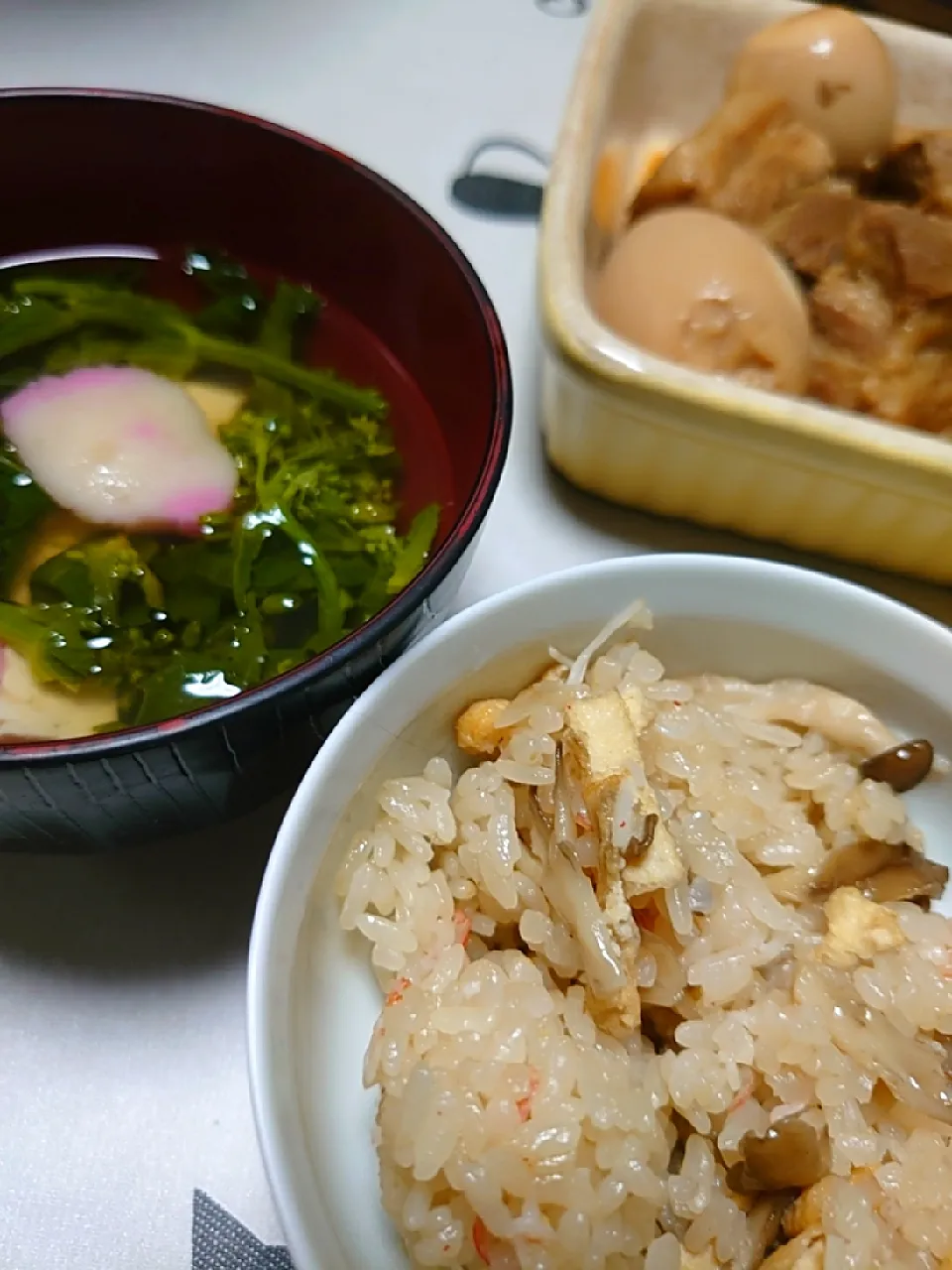 蟹出汁の茸ごはん  菜の花のお吸い物  角煮と半熟味玉|オーリーさん