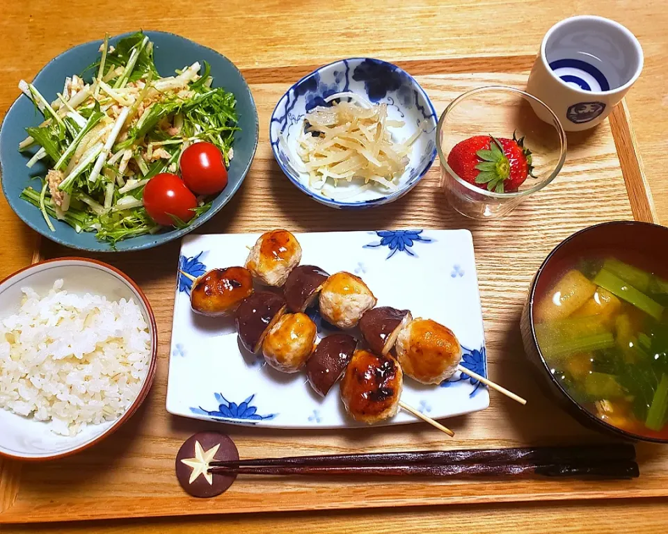 つくねと椎茸の串焼き、大根と水菜のツナサラダ|halさん