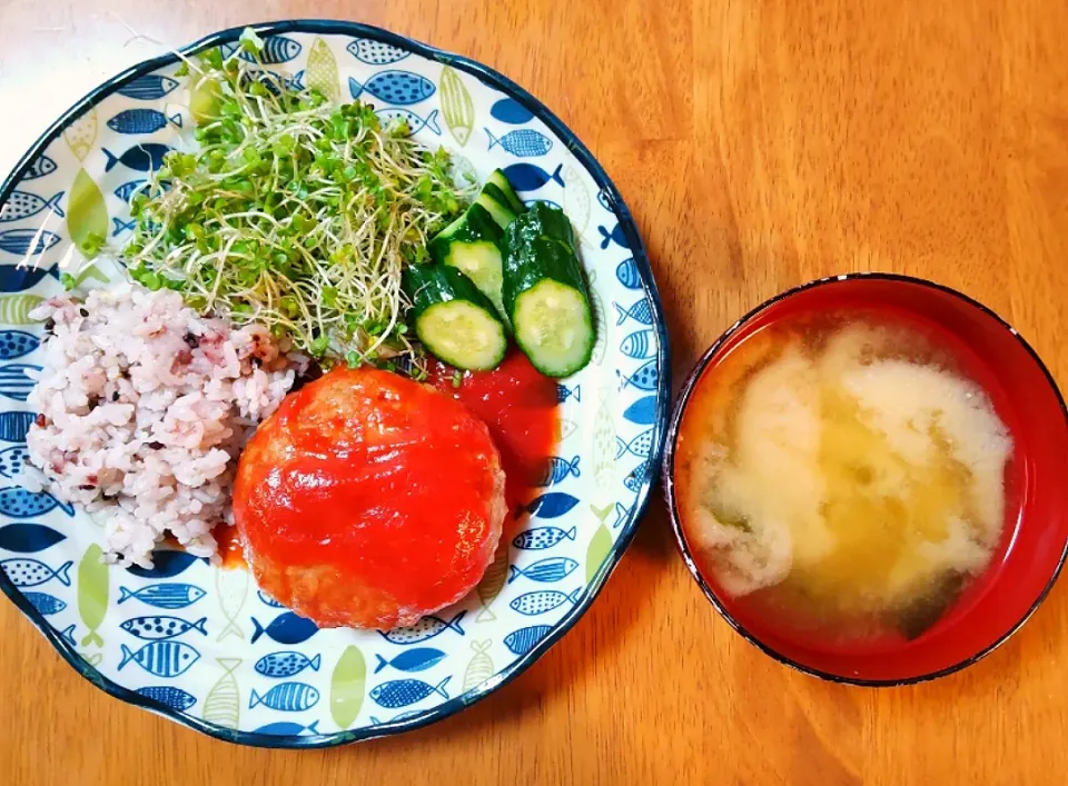 2022 0510　トマトチーズハンバーグ　サラダ　豆腐とわかめのお味噌汁|いもこ。さん