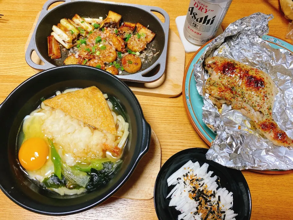 鍋焼きうどん
ローストチキン オリーブオイル焼き
長芋、まいたけ、ネギのバター醤油焼き
千切り長芋|naoさん