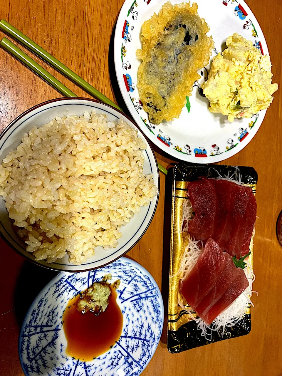 海外ドラマ  トレッドストーン シーズン1 を観ながら #夕飯　炊きたてロウカット玄米ご飯、刺身、ポテサラ、茄子天ぷら|ms903さん