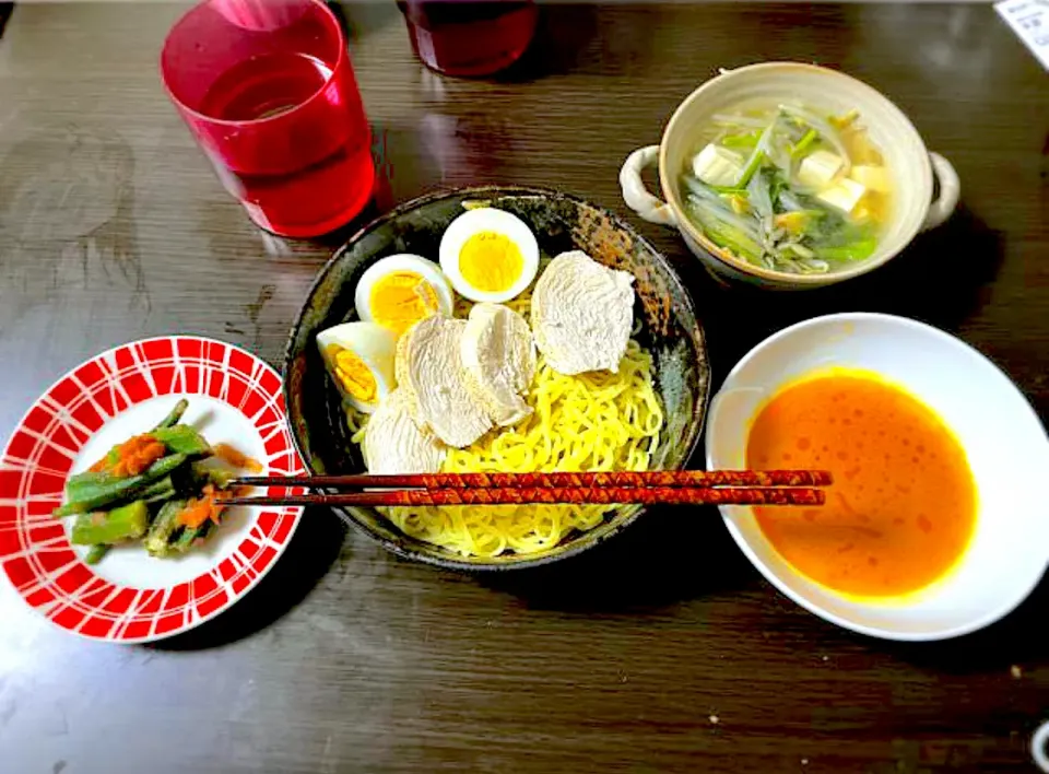 Snapdishの料理写真:漬けラーメン、おくらと梅の和え物、もやしの中華スープ|aaaさん