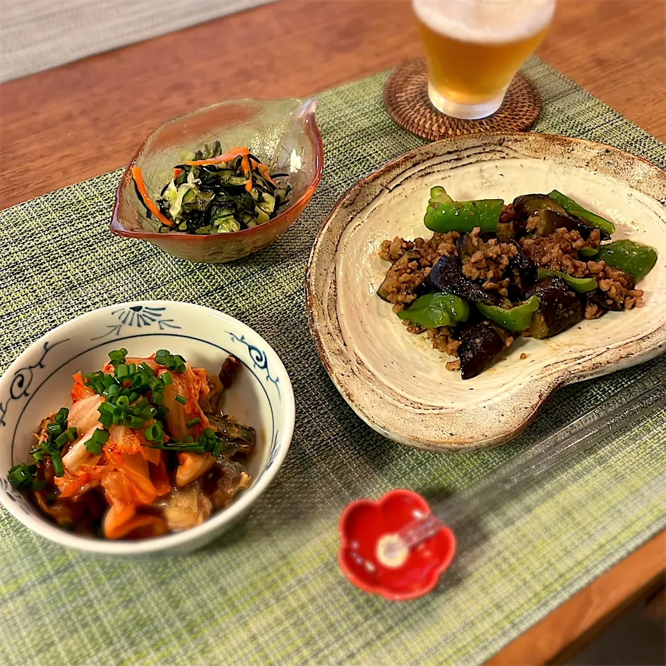 豚ひき肉となす、ピーマンの味噌炒め
ひじきとキャベツ、きゅうりのサラダ
さば味噌煮缶のキムチ和え|𓇼 Ⓢ Ⓗ Ⓘ Ⓝ Ⓞ Ⓑ Ⓤ 𓇼さん