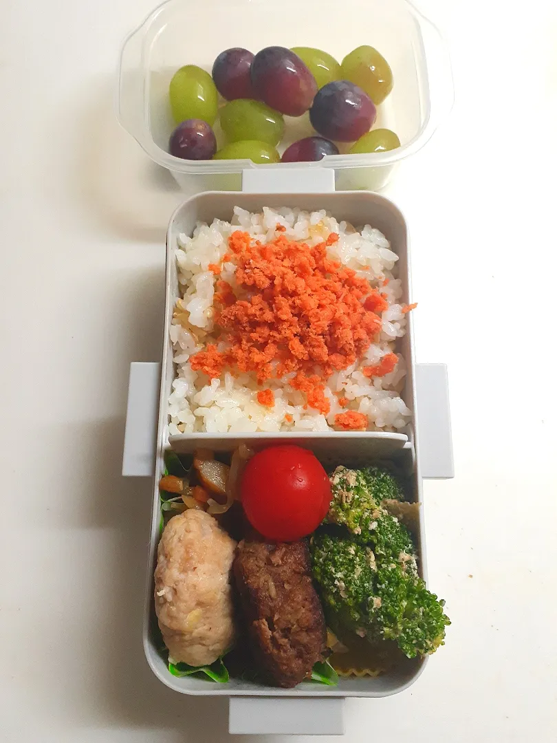 Snapdishの料理写真:☆中学生弁当☆玄米入り鮭ごはん、ブロッコリーごま和え、ハンバーグ二種、金平、ミニトマト、ブドウ|ｼｮｺﾗさん