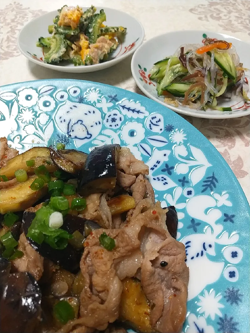 ☆今日の晩ごはん☆　豚肉とナスの甘辛いため　ゴーヤチャンプル　春雨サラダ|hamamaさん