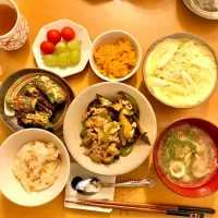 青椒肉絲、茶碗蒸し、竹輪磯辺揚げ、人参しりしり、中華スープ|ためため0823さん