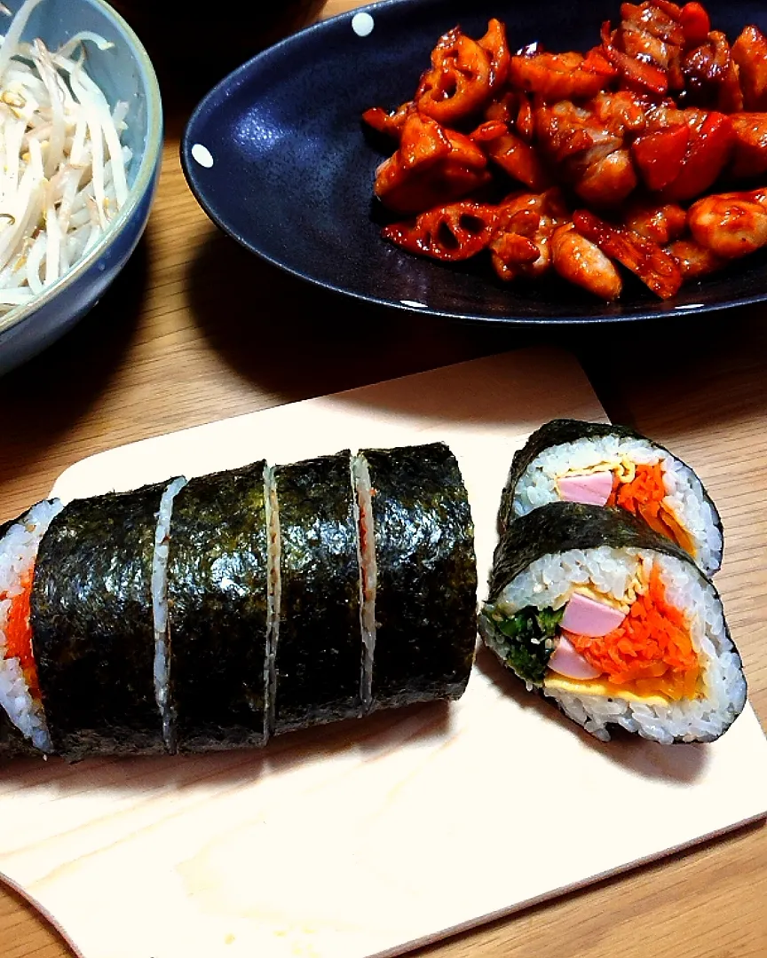 ギョニソキンパ & 揚げないヤンニョムチキン 根菜でかさまし|ごはんきろくさん