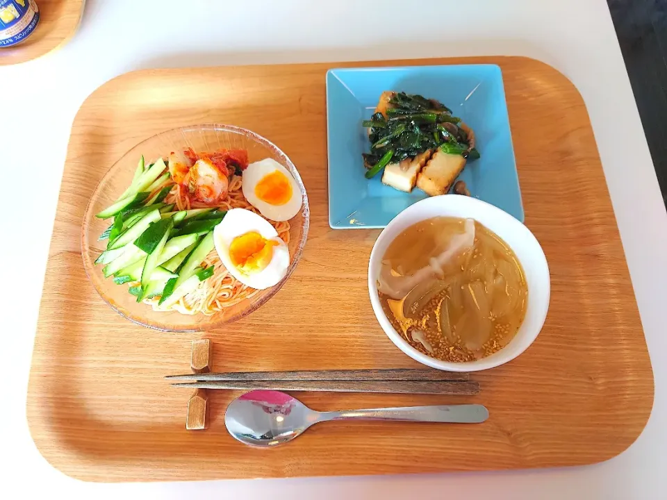 Snapdishの料理写真:今日の昼食　ビビンそうめん、厚揚げのオイスターソース炒め、餃子の塩麹スープ|pinknari🐰🌈さん