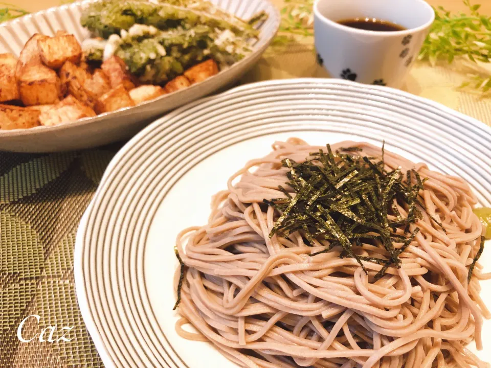 揚げ長芋とこごみの天ぷらとざる蕎麦|きゃずさん