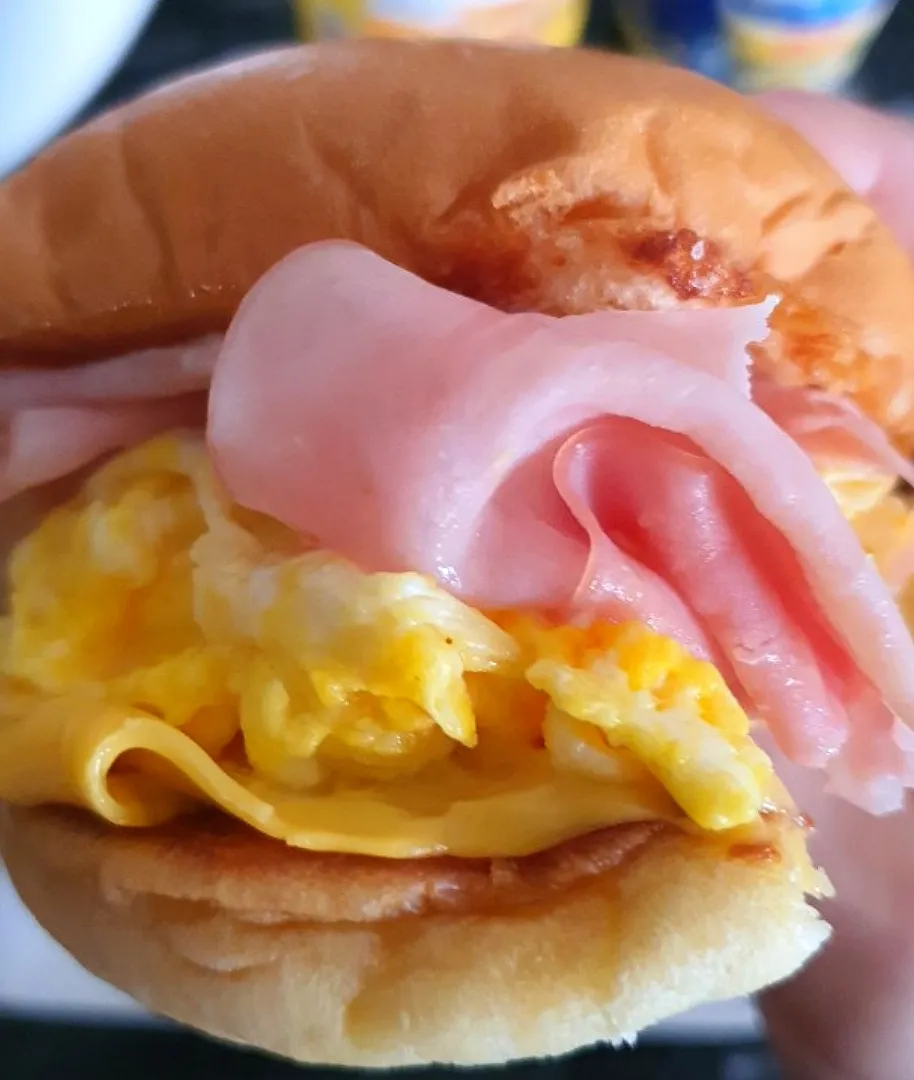 Brioche bun ~ bought @ Jasons marketplace 
butter toast bun for 1 min
cheddar 🧀  smoked ham 5pcs 
1 scrambled egg + butter 
😋😍yummy breakfast 😜|🌷lynnlicious🌷さん