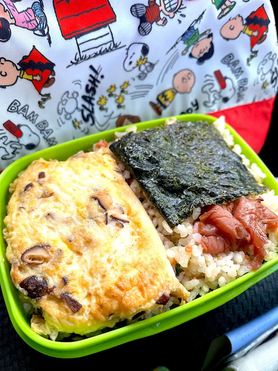 Snapdishの料理写真:#昼飯　訳あり梅と海苔と椎茸チーズ玉子焼きのせロウカット玄米ワカメ鮭混ぜご飯弁当|ms903さん