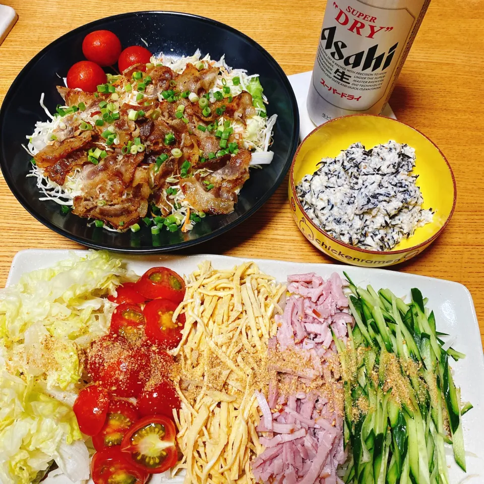 豚肉のねぎ塩だれ焼き・ひじきの白和え・冷やし中華もどき(中華麺じゃなくて、もやし)|naoさん