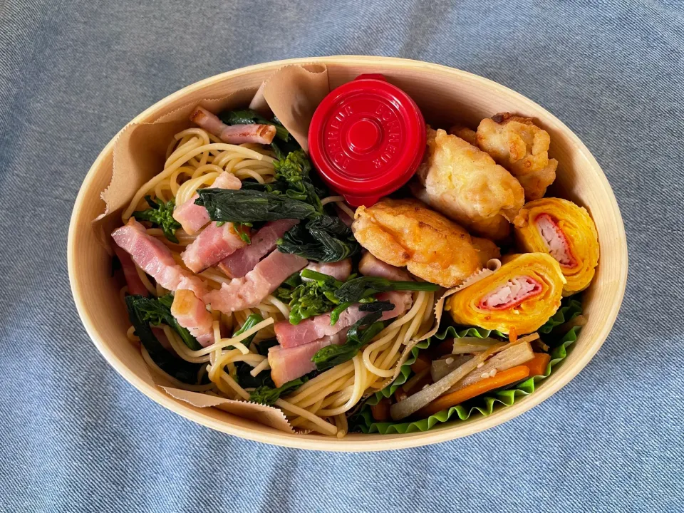 菜の花とベーコンのパスタ弁当🍝|ゆきさん