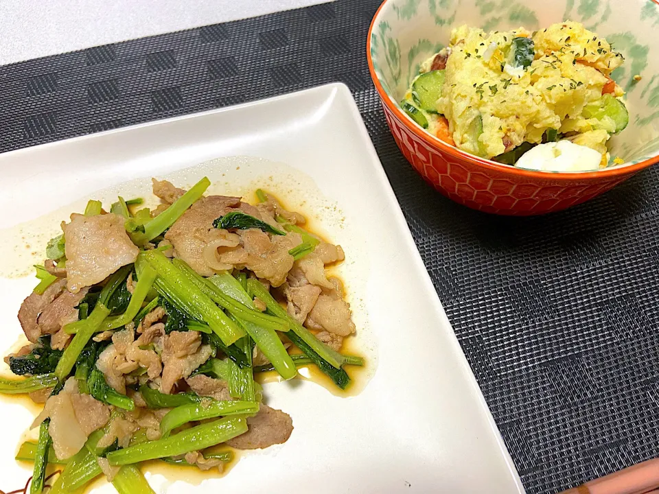 小松菜と豚肉の炒め物、ポテトサラダ|ゆうさん