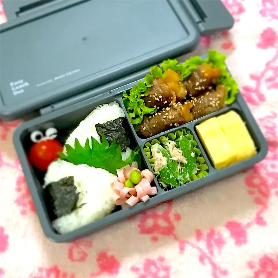 SJK弁当🍱〜山芋牛肉巻き甘辛・玉子焼き・スナップえんどうツナマヨ・花ハム|華恋さん