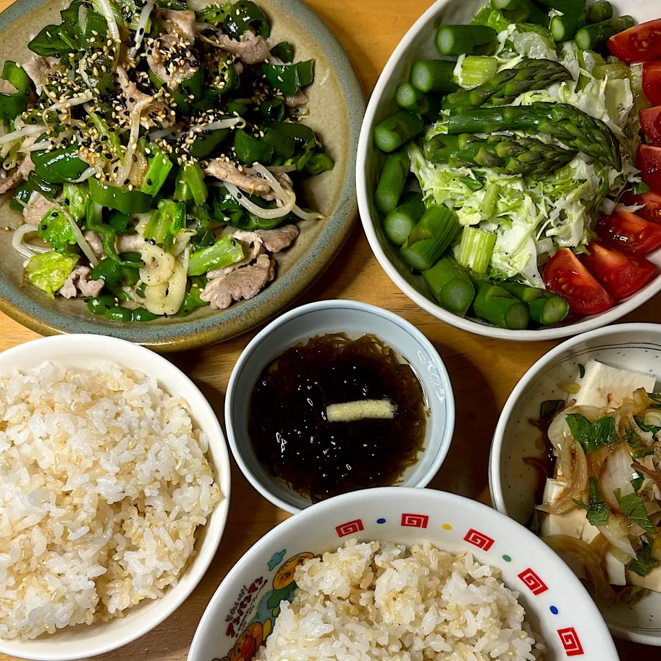 Snapdishの料理写真:肉野菜🫑炒め＆サラダ🥗|Makokoさん