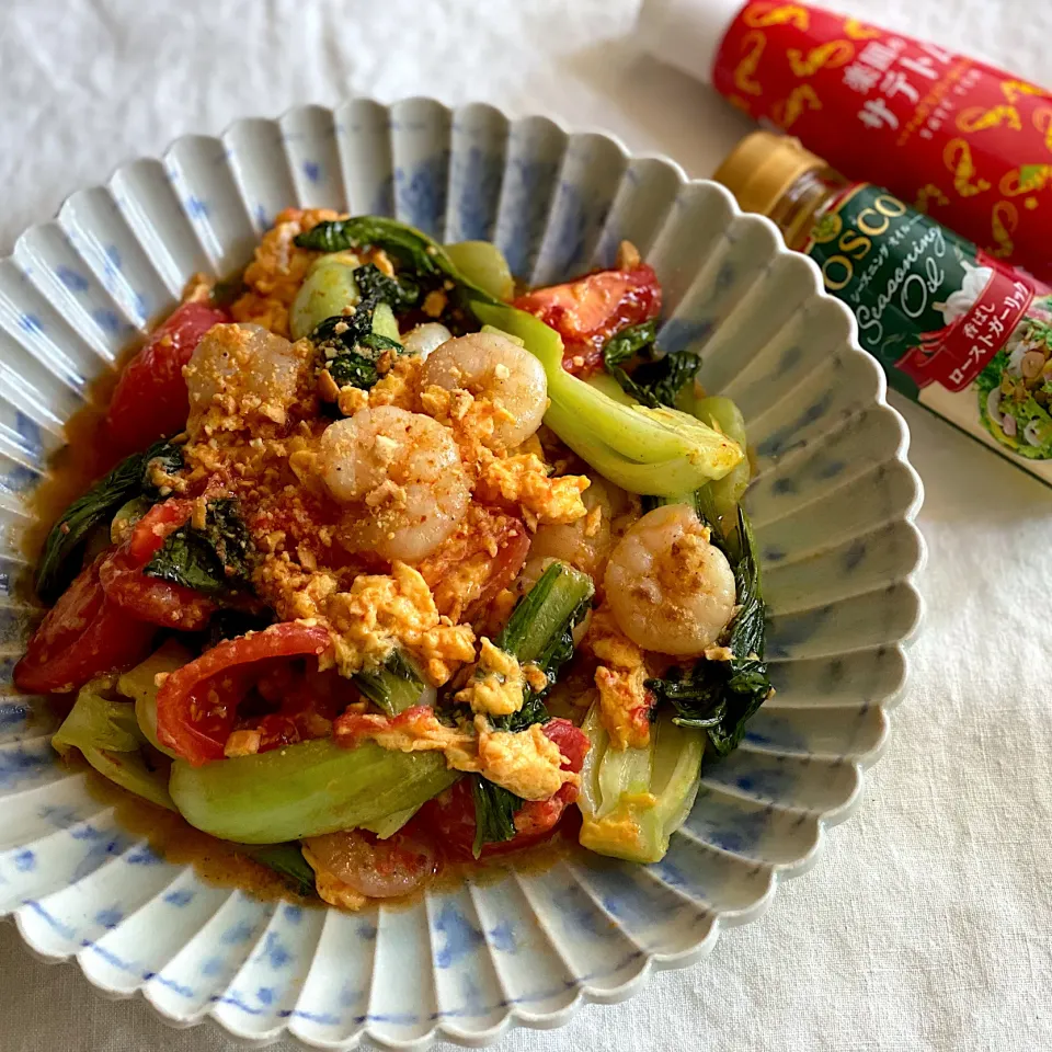 海老とチンゲン菜の卵トマト炒め🦐🥬🍅|ゆきぽん@ゆきの家飲み料理さん