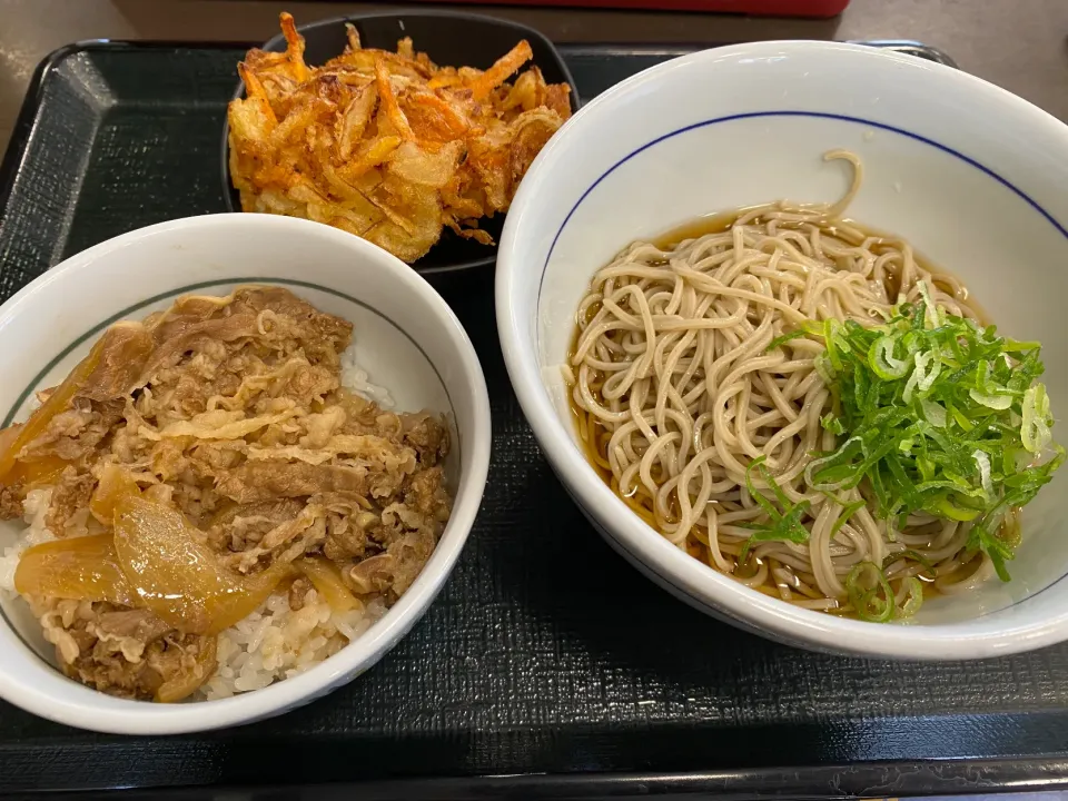 Snapdishの料理写真:冷やし朝かき揚げそばと和風牛丼のセット|buhizouさん