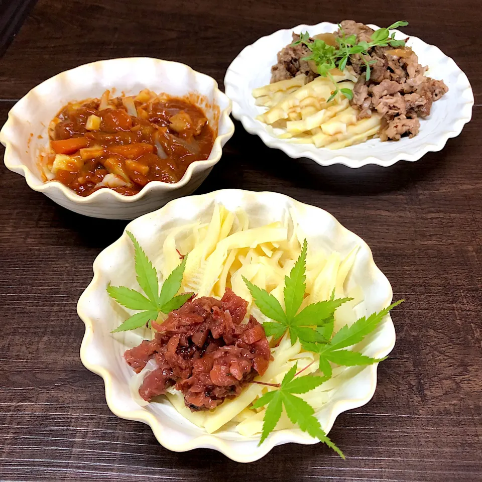 破竹＊梅肉和え＊牛肉焼き添え＊トマトシチュー🍅|henryさん