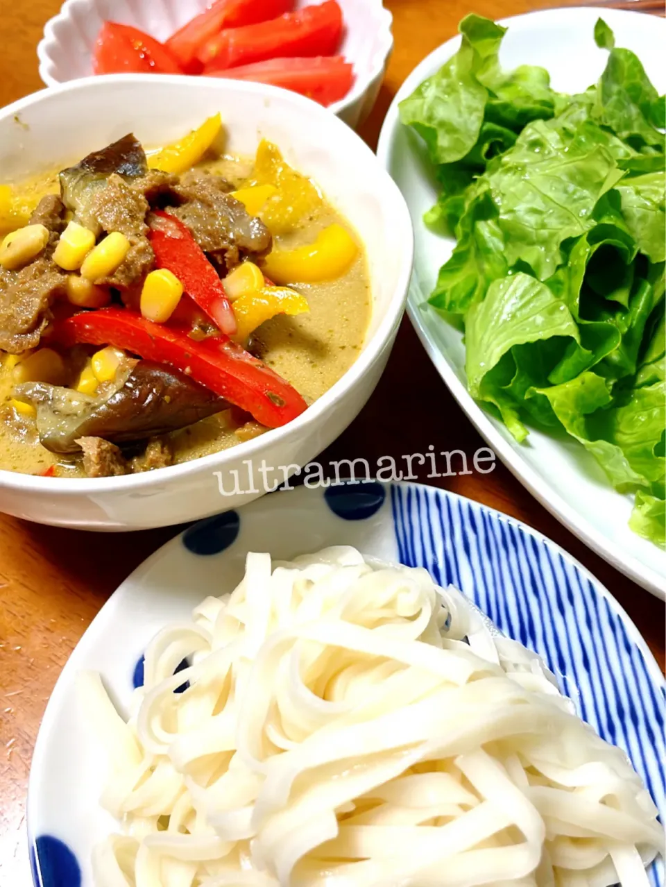 ＊大豆のお肉のグリーンカレーでつけ麺♪簡単お昼ごはん＊|ultramarineさん