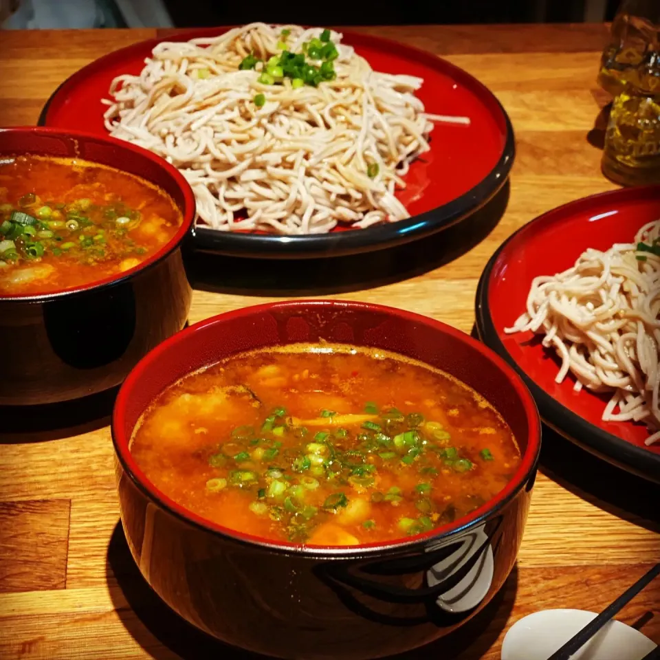 Snapdishの料理写真:Dinner ! Dinner ! 
Freshly Cooked Soba Noodles with Wasabi & Soy Sauce 
With Homemade Thai Tom Yum Soup very Spicy 🌶 with Fresh Prawns 🍤 Basil 🌿 & mushroom ,|Emanuel Hayashiさん