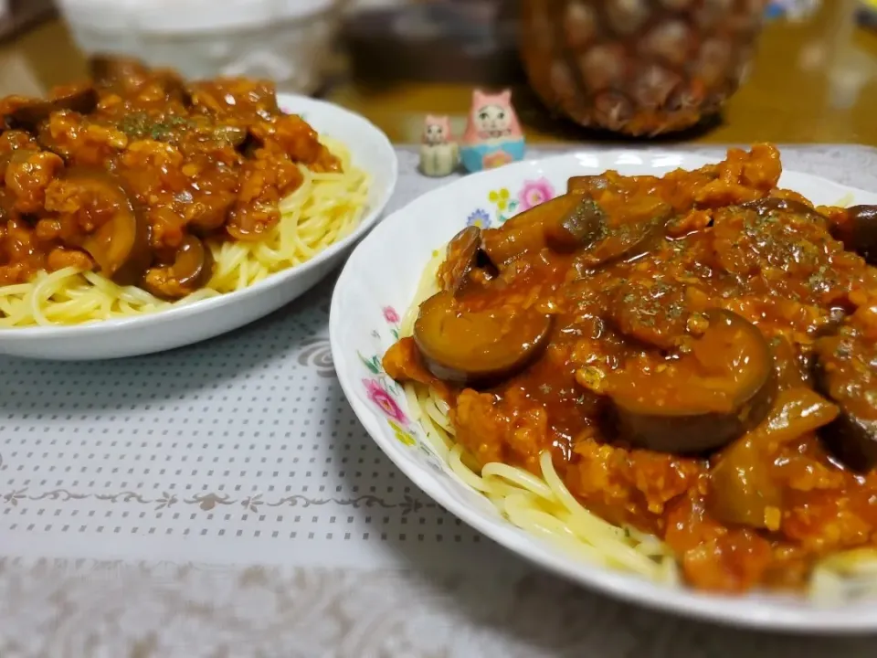 Snapdishの料理写真:🍆なすGreenMeatソース🍝スパゲッティ|みよぱさん