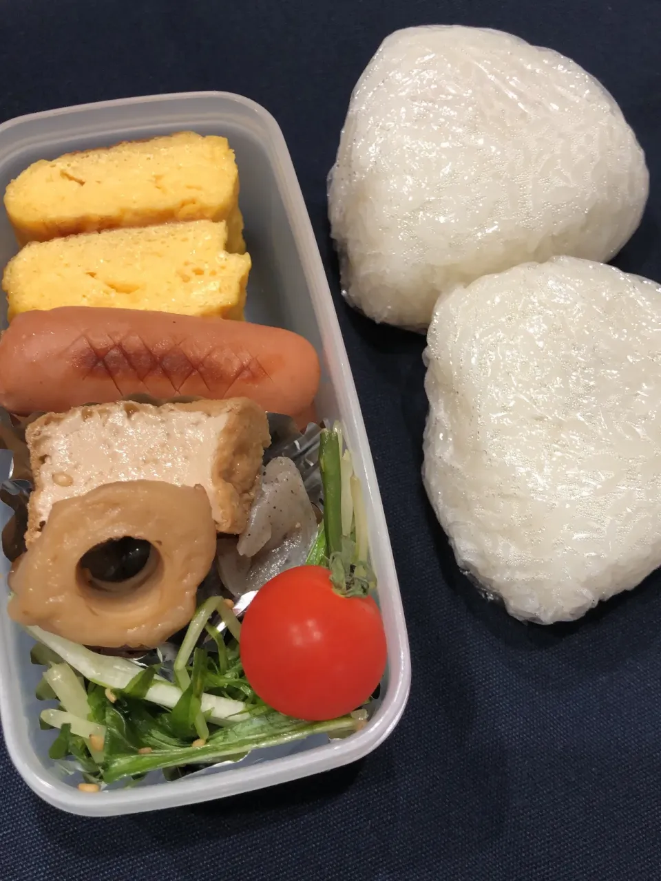 しゃけおにぎり、梅干しおにぎり、たまご焼き、ウインナー、厚揚げとちくわの煮物、水菜のナムル、ミニトマト|きらきらさん