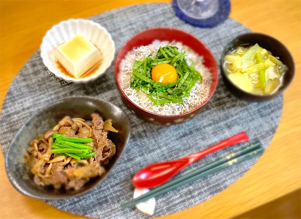 しらす丼　牛肉玉ねぎしぐれ煮　さつまいもキャベツ小松菜味噌汁　冷奴|nana 🍅さん