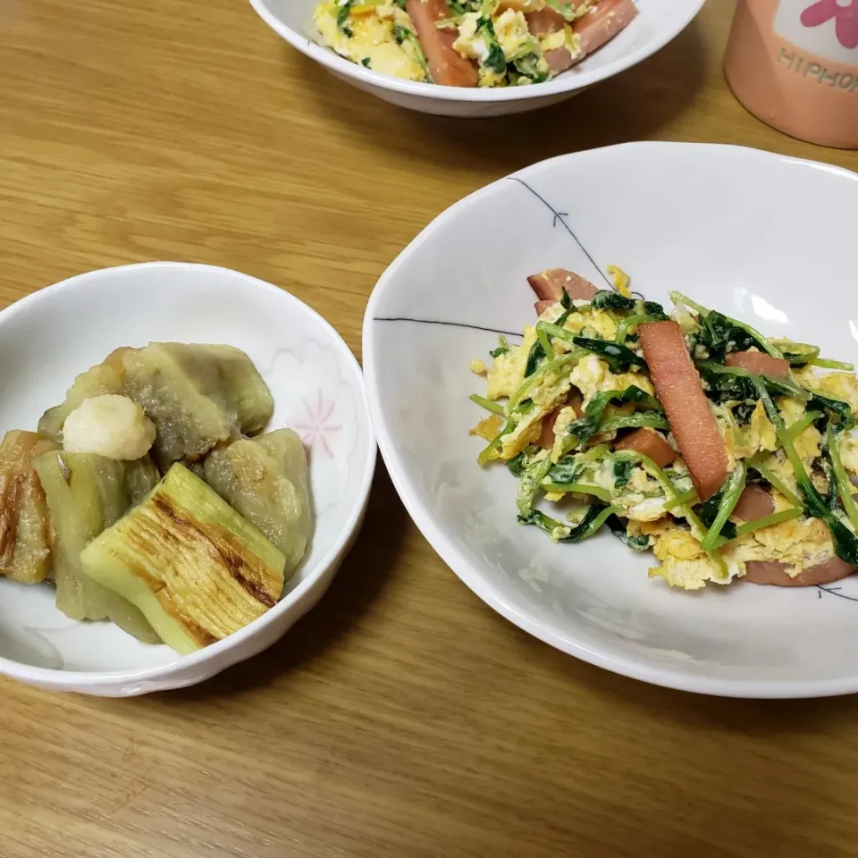 豆苗の玉子とじと焼きナス|あずきさん