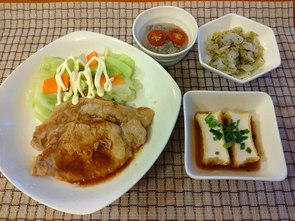 ☆豚ロースしょうが焼き
☆揚げ出し豆腐
☆黒ごまおぼろ豆腐
☆白菜ゆかり和え|chikakoさん