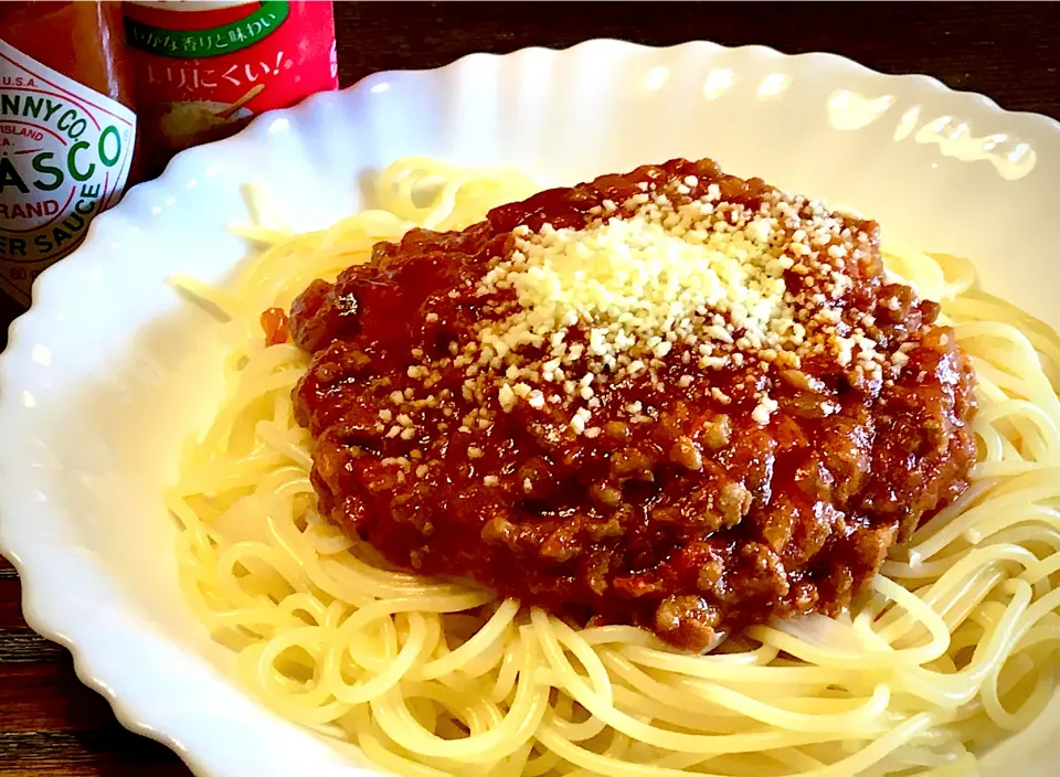 久しぶりの                                                   「ミートスパゲティ」                              (ﾁｰｽﾞ•ﾀﾊﾞｽｺかけて)|mottomoさん