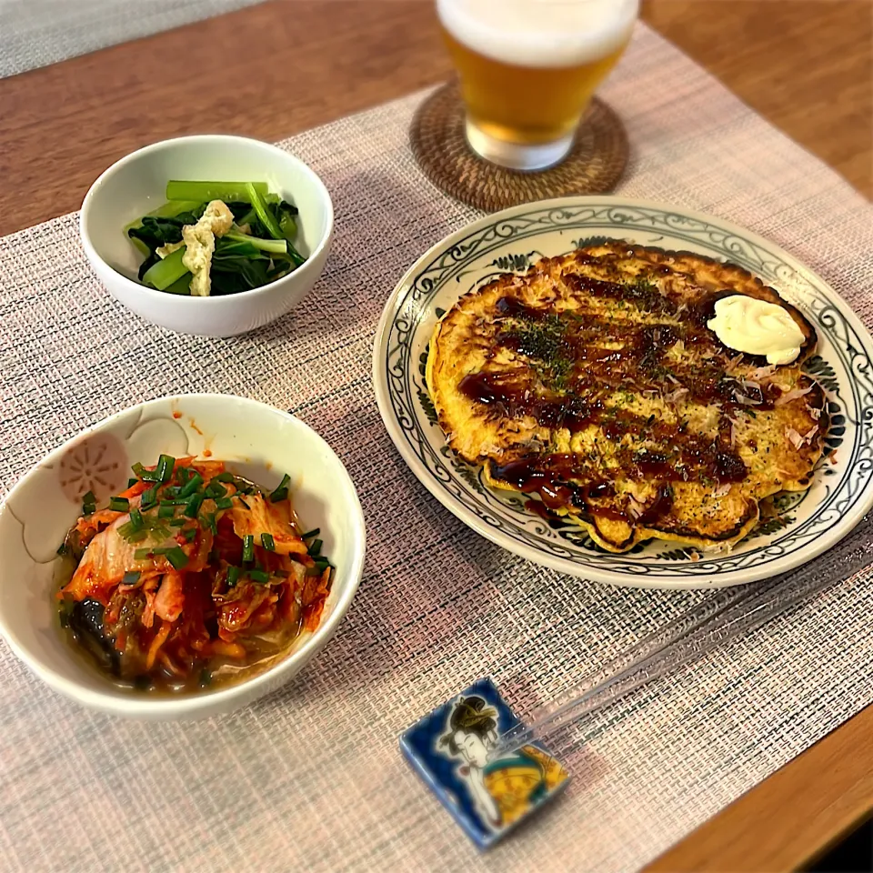 Snapdishの料理写真:ねぎ焼き
いわし味噌煮缶のキムチ和え
油あげと小松菜のおひたし|𓇼 Ⓢ Ⓗ Ⓘ Ⓝ Ⓞ Ⓑ Ⓤ 𓇼さん