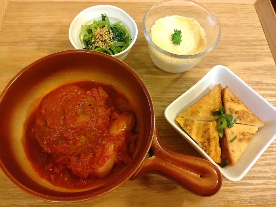 ☆煮込みハンバーグ
☆焼き生厚揚げ
☆三つ葉ゴマ和え
☆豆乳卵豆腐|chikakoさん