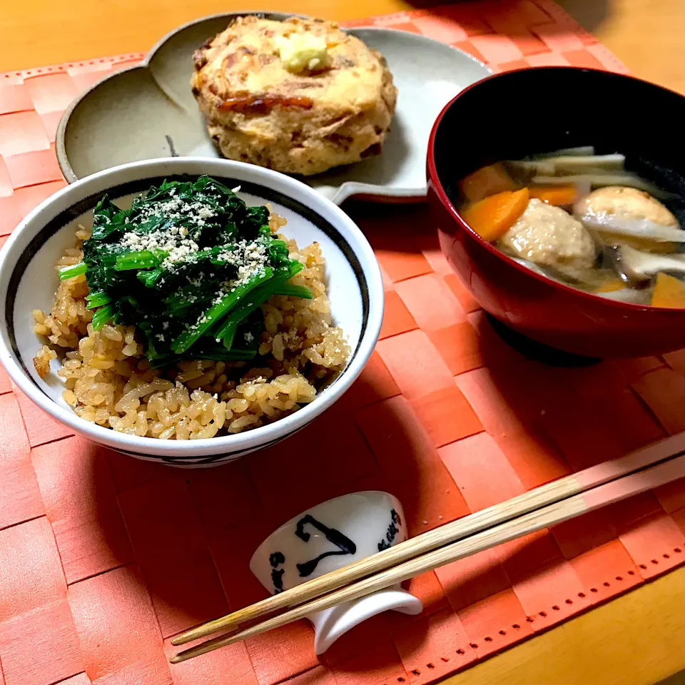 ほうれん草味噌ご飯と自家製ひろうすの晩ごはん|ゼニコさん