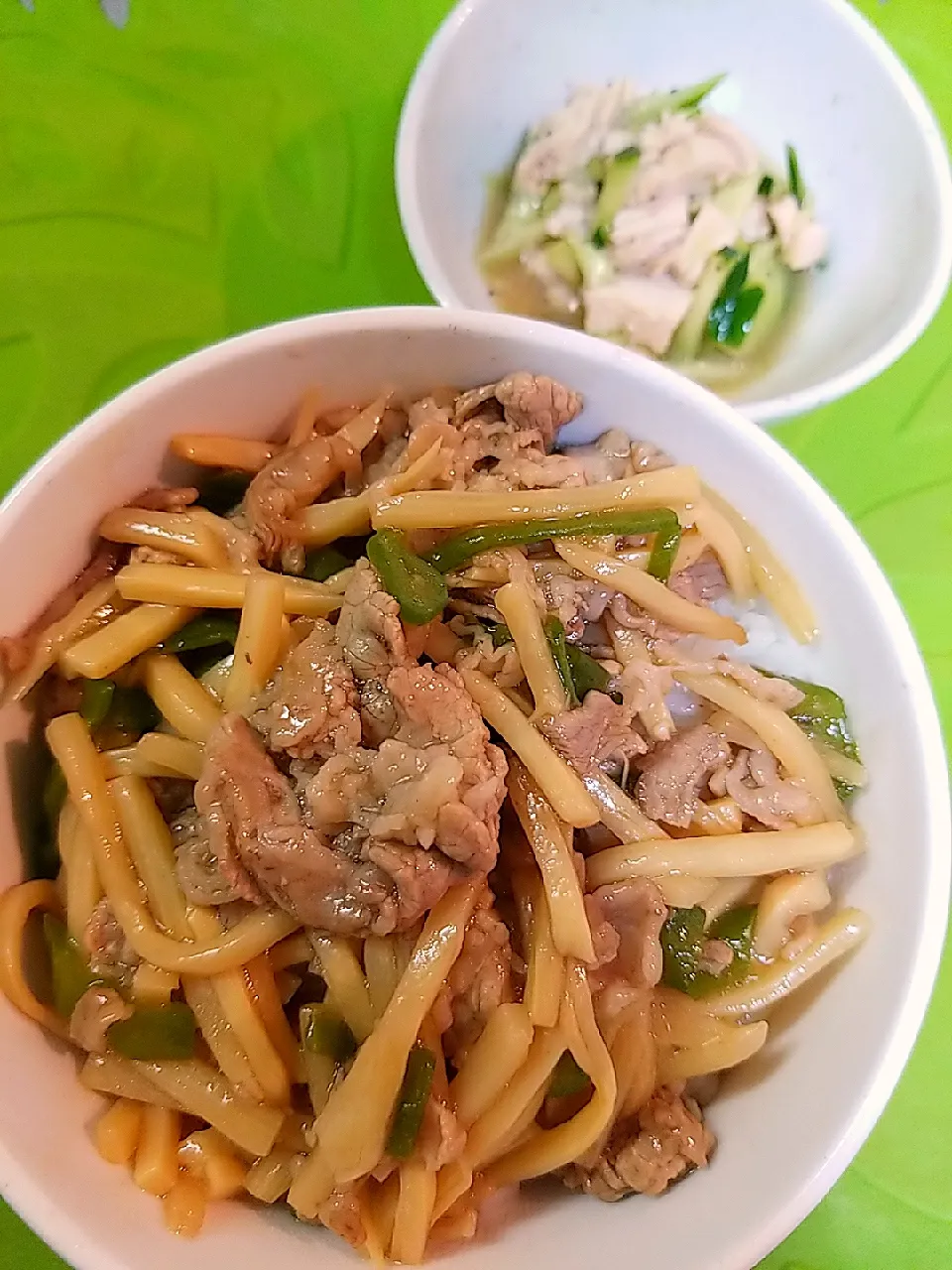 今日の晩御飯
🍴青椒肉絲丼 
🍴手作りサラダチキンとキュウリの和え物|Riapple🍎さん