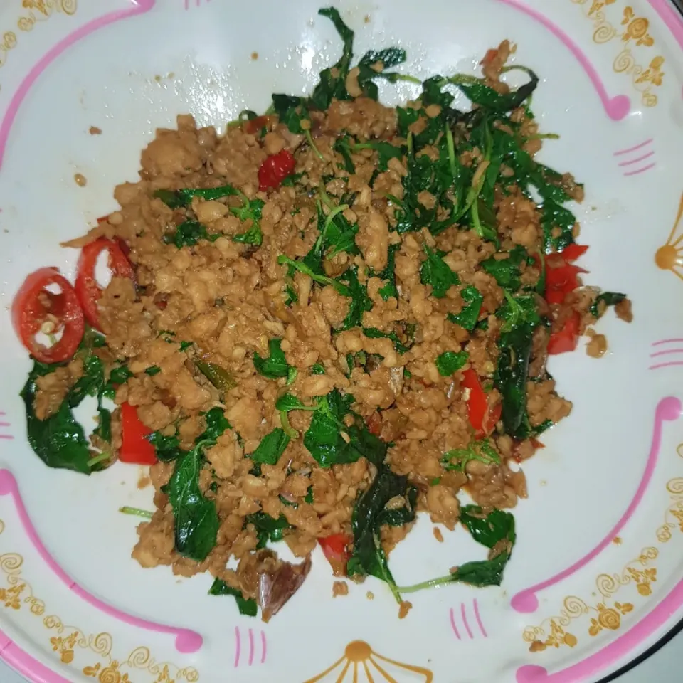 Snapdishの料理写真:stie fry minced chicken with holy basil leaves|patcookingfeverパットさん