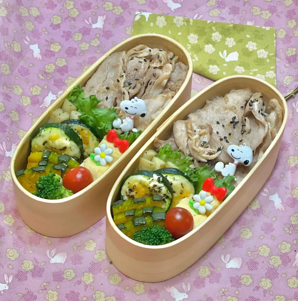 豚こま生姜焼き☘️の双子ちゃんお弁当💙❤️ 6/6月|sweet homeさん