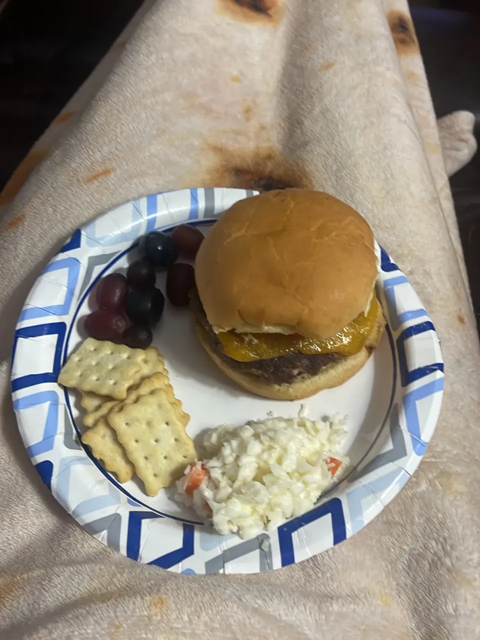 Burger, coleslaw, grapes and crackers|suさん