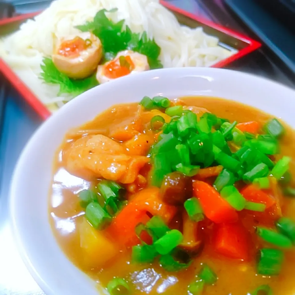 Snapdishの料理写真:カレー出汁の冷し付けうどん～♪♪|砂糖味屋キッチンさん