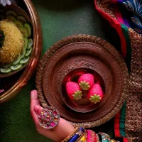 Strawberries made with thickened milk/Khoya and cashew paste with chopped pistachio filling|Riniさん