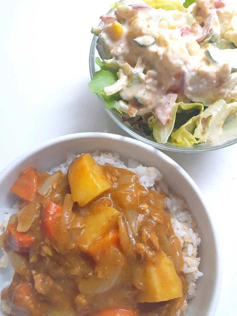 Snapdishの料理写真:☆夕飯☆疲れた金曜日は簡単に。ツナカレー、ポテトサラダ|ｼｮｺﾗさん