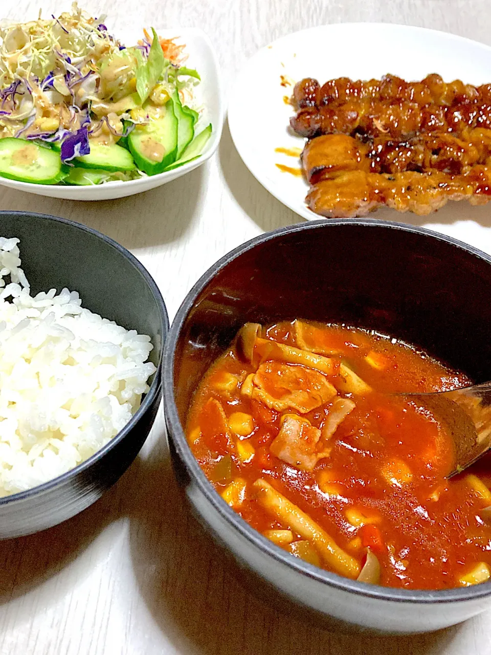 ミネストローネ、焼き鳥、ミックスサラダ、ミニラーメン|Ayaさん