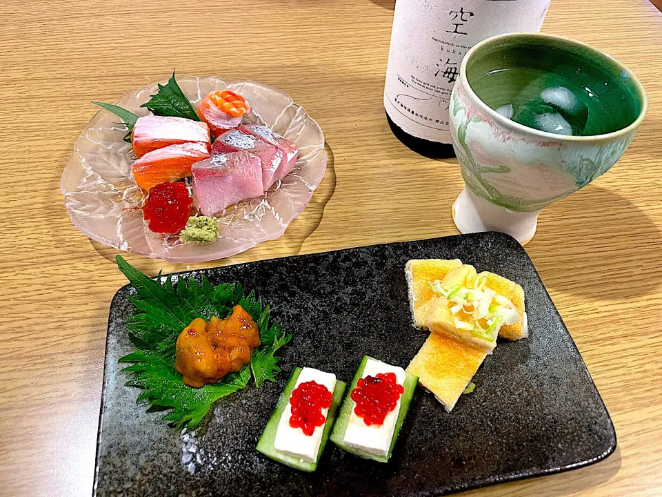 お刺身盛・塩ウニ・筋子クリチー・油揚げのネギ醤油 #お家居酒屋 #おつまみ#筋子を消費したい|あやのさん