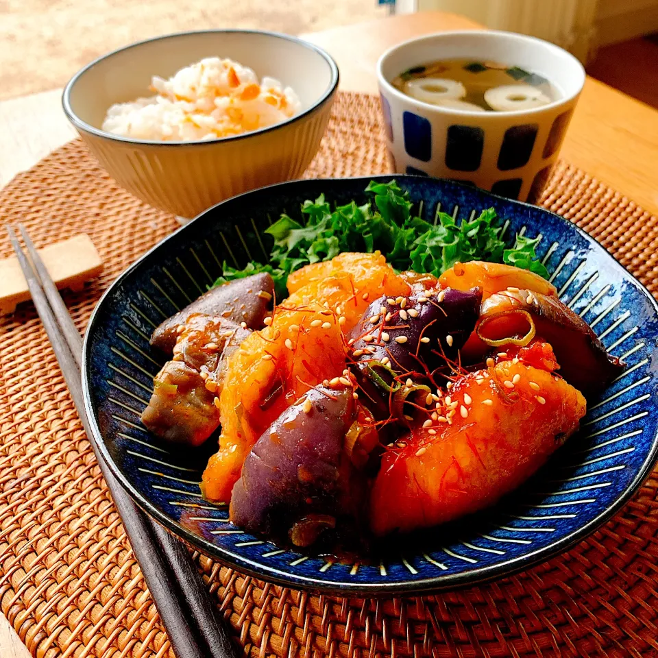 鶏むね肉と茄子のチリソース定食✴︎|あやみんさん