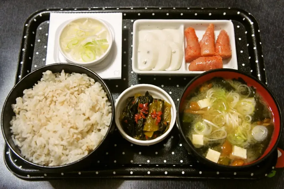 Snapdishの料理写真:今日の朝ご飯も家で、押麦ご飯に辛子明太子、ふぐ入りかまぼこ、納豆、なめこ汁、辛子高菜。|Mars＠釜飯作り研究中さん