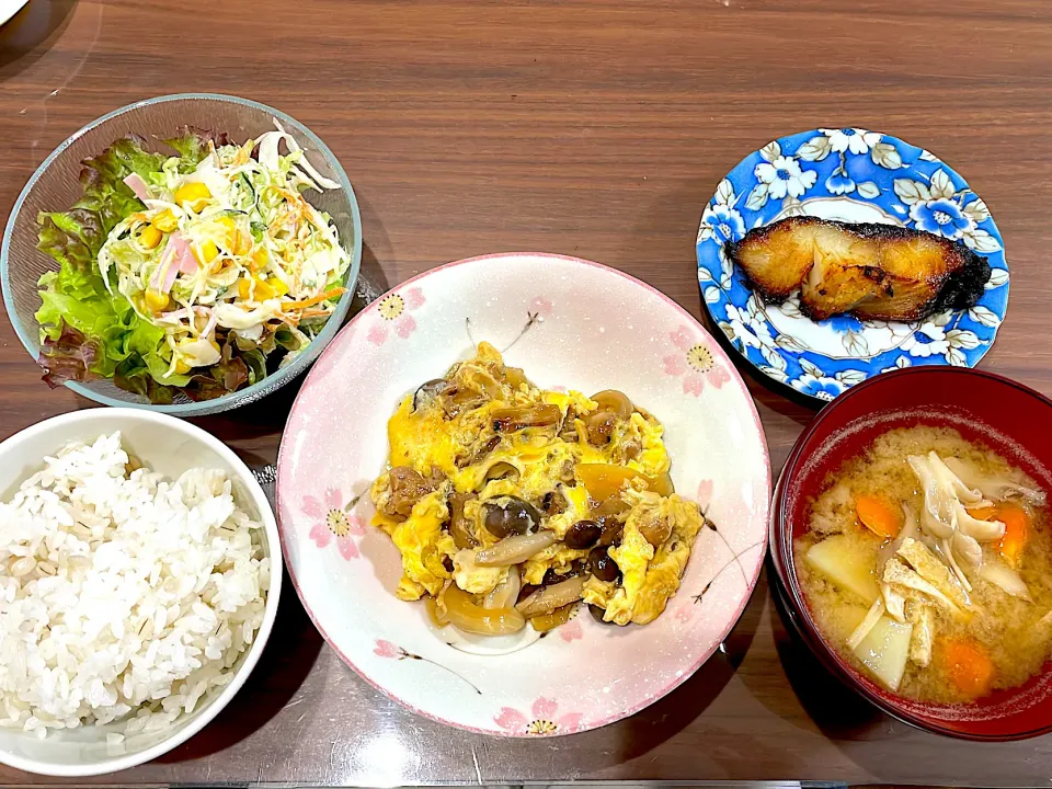 焼き鳥の卵とじ　余り野菜の味噌汁　銀だら西京漬　コールスローサラダ|おさむん17さん