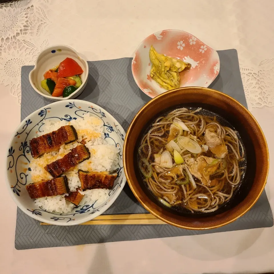 うな丼、焼きナス、きゅうりとトマトサラダ、豚そば|ともさん