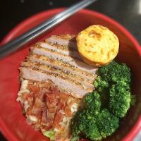 BentoFox's dish Pork cutlet, diced bacon, mini quiche, fresh broccoli on top of a pork base ramen 😋