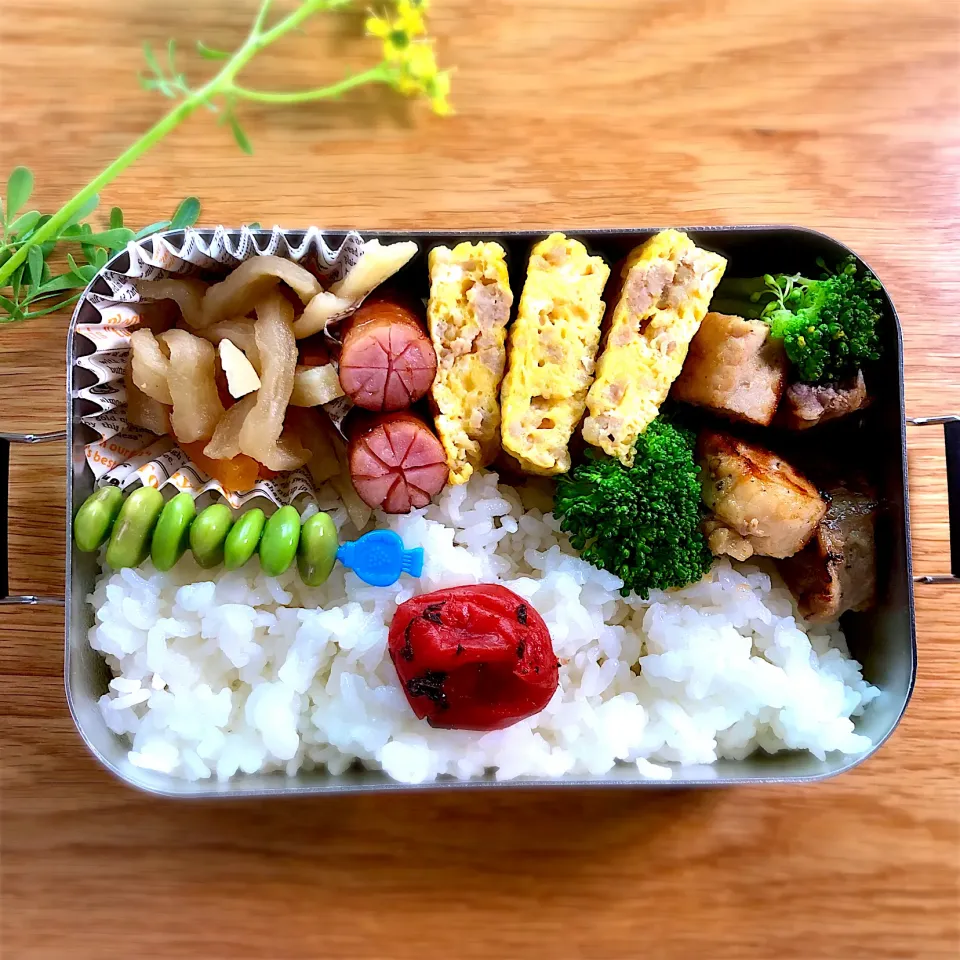 サラ弁　　　　　　　　　　　　　　　　　　鶏そぼろ卵焼き　豚ロース肉のタレ焼き　切干大根煮　茶豆|じゅんさんさん