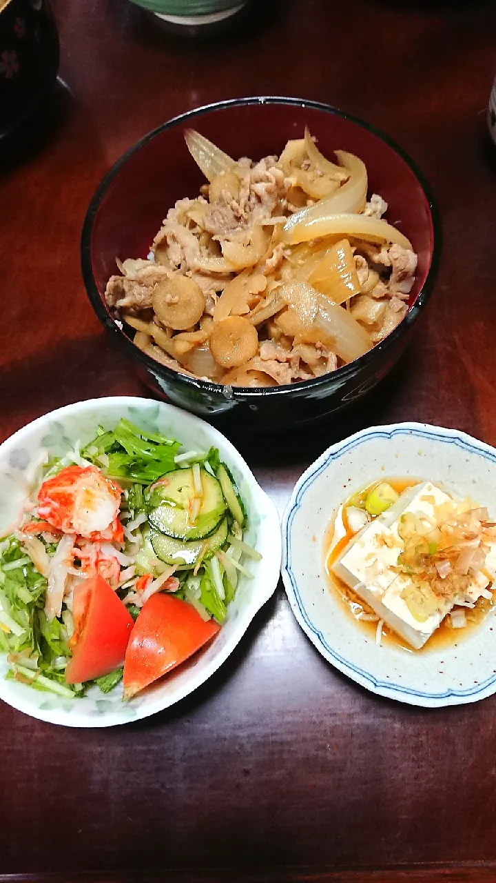 今日のお昼(豚丼、冷奴、サラダ)|のばーきさん